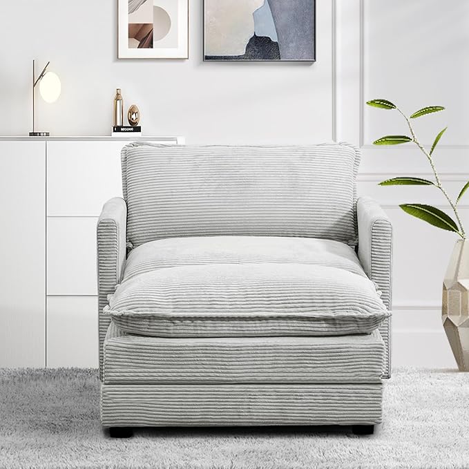 ROWHY Single Armchair with Ottoman Modern Corduroy Cloud Couch with Convertible Chaise Upholstered Sofa Set for Living Room Light Grey