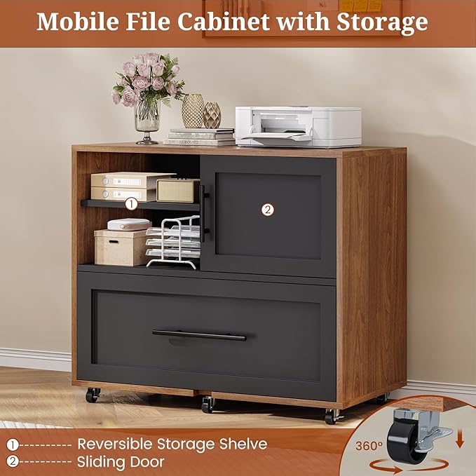 63 Executive Desk with Mobile File Cabinet Large Office Desk with Drawer Modern L Shaped Desk with Power Outlets Storage Shelves Corner Computer Desk Business Workstation Set (Walnut)