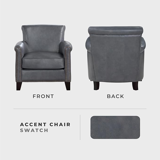 Lexicon 100% Top Grain Genuine Leather Chair Leather Accent Chairs for Living Room Solid Wood Frame Rolled Armrest &amp Nailhead Trim Comfy Reading for Bedroom Office Waiting Room Burnish Gray