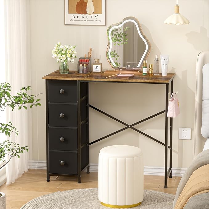 Small Computer Desk with 4 Fabric Drawers 36 Inch Reversible Writing Desk for Home Office Bedroom Modern Simple Kids Student Study Desk with Storage Compact Desk for Small Spaces Rustic Brown