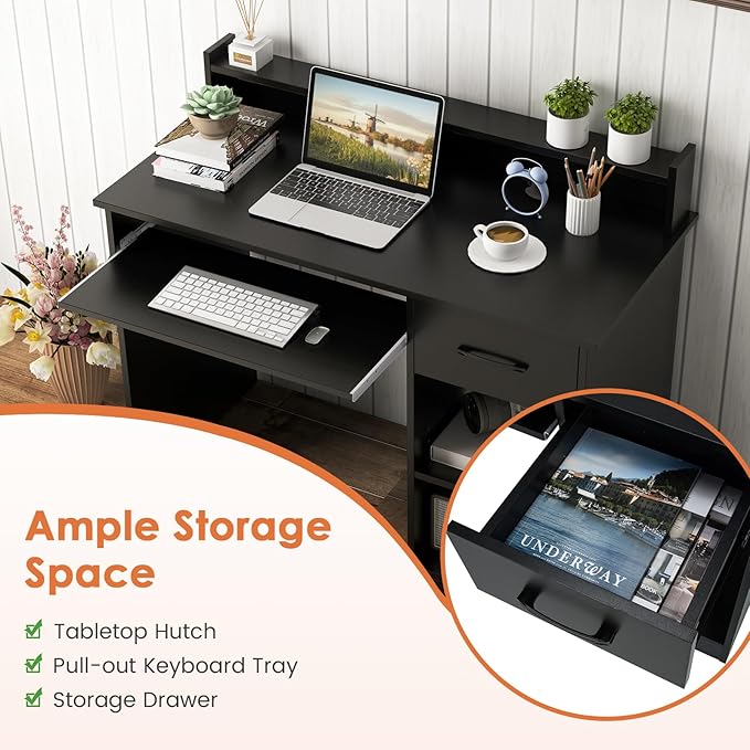 Computer Desk with Drawers Study Table with Storage Shelves Keyboard Tray Wood Makeup Vanity Table Small Desk for Bedroom Study Living Room Home Office (Black 35.5''H)