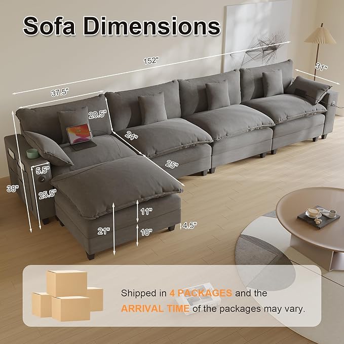 152 L Shaped Sectional Couch Chenille Sectional Couches for Living Room Modular Cloud Couch with Movable Ottoman Modern Cloud Sofa with Charging Station Cup Holder Side Pocket Grey