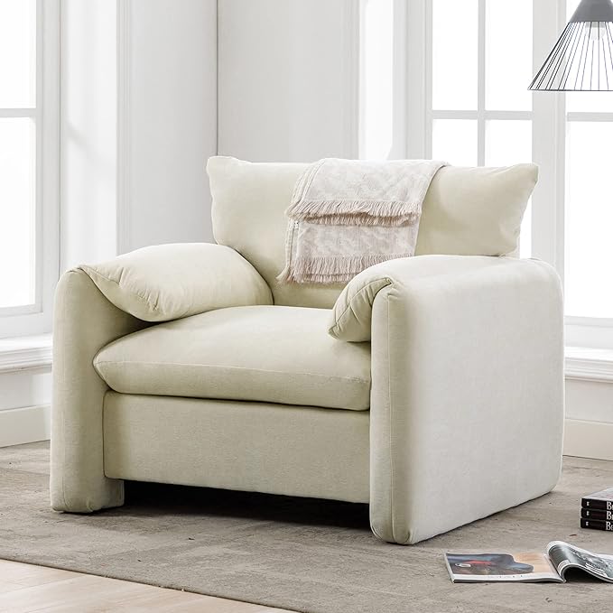 Modern Style Armchair Accent Chair Chenille Oversized Armchair Single Sofa Lounge Chair with Curved Backrest and Open Back Fabric Upholstered Chair for Living Room Bedroom (Cream 007)
