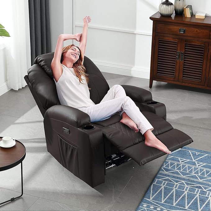 Power Recliner Chair with Heat and Massage PU Leather Home Theater Seating with LED Lights/Cup Holders/Side Pocket/USB Port Reclining Sofa Chair for Living Room(2 Brown)