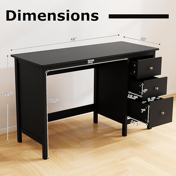 Tangkula Black Desk with Drawers Modern Home Office Computer Desk with Storage Drawers &amp Spacious Desktop Compact Writing Study Desk Laptop Desk for Bedroom Multipurpose Computer Workstation