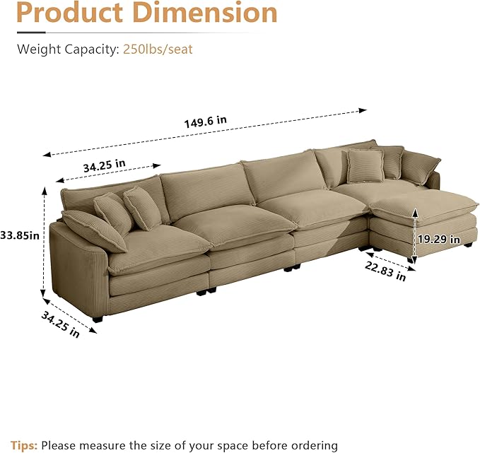 Oversized Modular Sectional Sofa 149.5'' Modern Corduroy Comfy Cloud Couches for Living Room Apartment L-Shaped Deep Seat 4-Seater Sofa with Movable Ottoman Camel