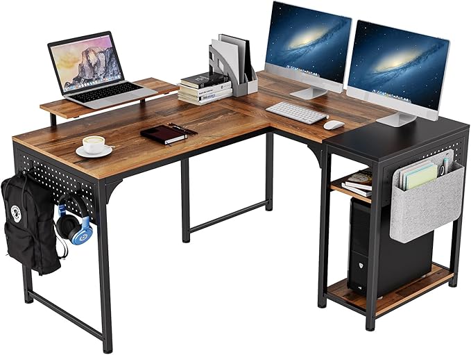 It's_Organized Reversible L Shaped Desk with Monitor Stand58x47 inch Corner DeskStudy Writing Computer Table with Storage Shelves for Home OfficeRustic Brown/Black