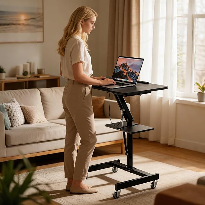 Mobile Standing Desk with Wheels Height Adjustable Laptop Table 27.56 Inch Portable Ergonomic Workstation with Locking Casters &amp Tilting Top Black