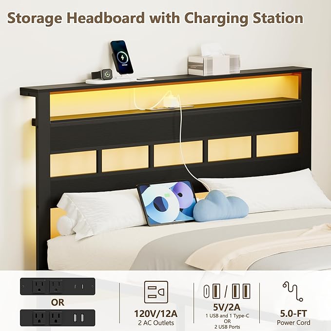 Furnulem Full Size Bed Frame with LED Light and Charging Station Wood Storage Headboard with 2-Tier Shelves Metal Platform Bed with Heavy Duty Slats Support No Box Spring Needed Black Oak