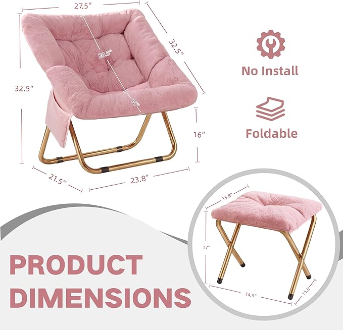 Comfy Saucer Chair for Adults Foldable Living Room Chairs Soft Faux Fur Lounge Chair for Bedroom Reading Chairs X-Large (Ottoman-Pink)