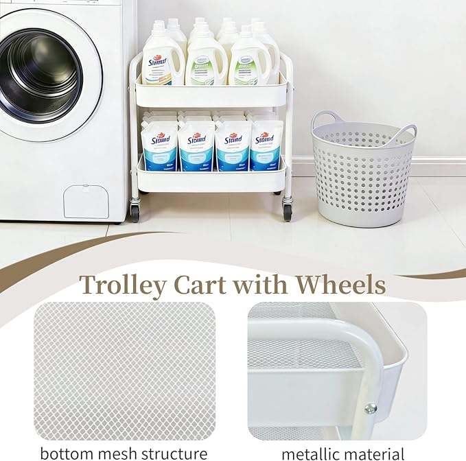 2 Tier Metal Rolling Cart with Wheels for Under Desk Storage &amp Pantry Storage High Load-Bearing Kitchen Utility Cart for Small Space Laundry Room Organization Side Table with 4 Hooks White