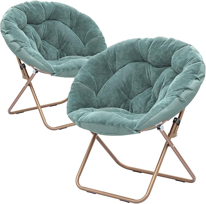 Cozy Saucer Chair Living Room Chair Faux Fur Soft Thick Padded Seat Metal Frame Folding Chair Comfortable Moon Chair for Living Room Bedroom Reading Nook Modern Style 2 Pack Green