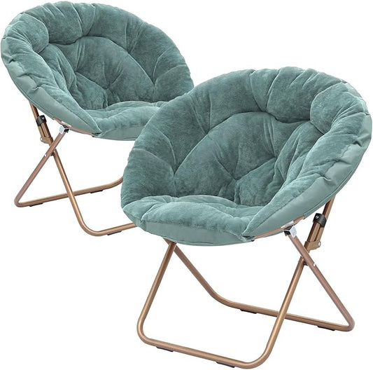 Cozy Saucer Chair Living Room Chair Faux Fur Soft Thick Padded Seat Metal Frame Folding Chair Comfortable Moon Chair for Living Room Bedroom Reading Nook Modern Style 2 Pack Green