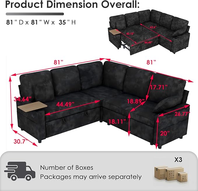 81 Modular Sectional Sofa L Shaped 5-Seater Sleeper Sofa with Pull Out Bed Hidden Storage Cup Holders &amp USB Charging Ports Sectional Couches for Living Room Chenille Black