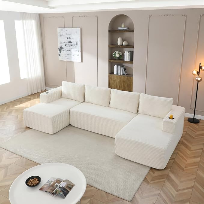 132 Modular Sectional Sleeper Sofa Boneless Cloud Couch for Living Room U Shaped 5 Seat Sofa with 2 Cup Holders Free Combination No Assembly Required (Beige)