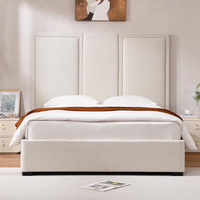 YUHUASHI Queen Size Bed Frame with 64-inch High Headboard Simple and Airy Linen Upholstered Platform Bed with Storage Drawers Wood Slat No Noise (Beige Queen(Hydraulic Lift))