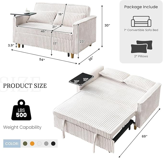 54'' Corduroy 3-in-1 Convertible Sofa Bed Pull Out Sleeper Loveseat Couch with USB Ports &amp Storage Pockets Futon Couches for Small Space Living Room Apartment (Yellow New)