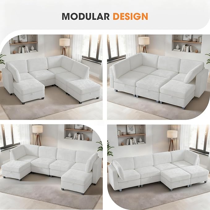 6 Seat Modular Sectional Sofa with Storage Convertible Sectional Couch Modular Sofa with Chaise Living Room Furniture Sets U Shaped Couch with Ottoman Couches for Living Room Beige Textured
