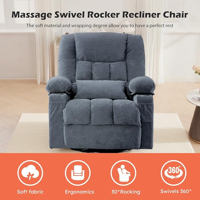 Recliner Chair with Cup Holders for Living Room Single Seat Manual Oversized Recliner with Ergonomic Side Pocket for Adult