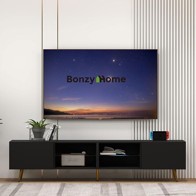 Bonzy Home 86 TV Stand Modern Entertainment Center for 75 TV Television Console Table with Storage Cabinets for Living Room Black