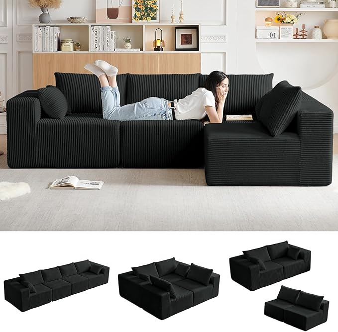 104'' Cloud Modular Sectional Sofa Corduroy L-Shaped Minimalist Couch with Deep Seat Modern 4-Seater Free Combination Sofa for Living Room – No Assembly Required (Black)
