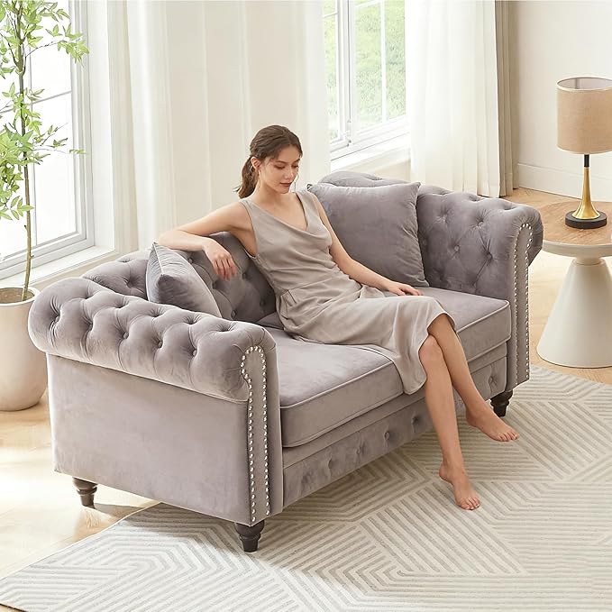 2 Piece Mid Century Modern Couch Set Retro Button Tufted Chesterfield Sofa muebles para la sala Comfy Deep Seat Upholstered Office Furniture Living Room Sofas Set (Grey Velvet Couch and Loveseat)