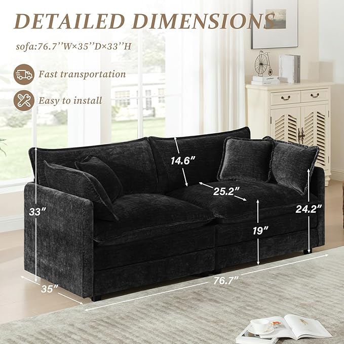 SoarFlash Chenille Sectional Sofa Comfy Modular Loveseat Sofa Modern 2-Seat Couch Deep Seat Sofa Set for Living RoomBlack
