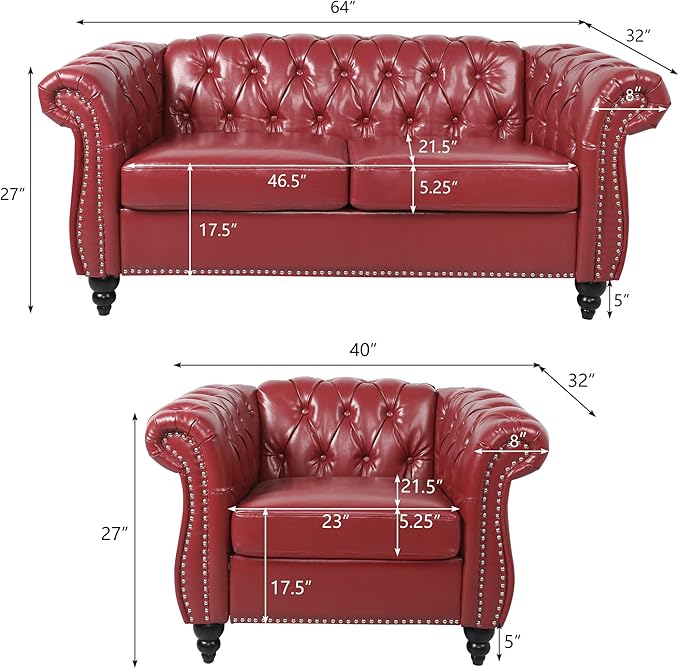 RARZOE 2 Pieces of Living Room Furniture Sofa SetsModern Contemporary Tufted Button Faux Leather Accent Club Chair&ampChesterfield Loveseat Sofas Set with Nailhead Trim Scroll Arms for HomeBurgundy