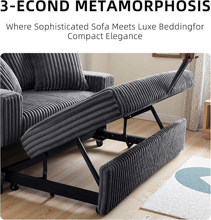 3 in 1 Convertible Sofa Bed52.8 Pull Out Couch with 2 Pillows and Side PocketsModern Corduroy Fabric Sleeper Loveseat with Adjustable Backrest for Living Room Bedroom Apartment (Gray Corduroy)