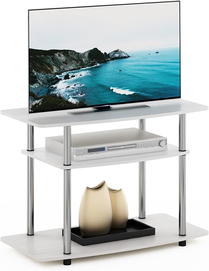 Furinno Turn-N-Tube No Tools 3-Tier Entertainment Center TV Stand for TV up to 32 Inch with Stainless Steel Tubes White Oak/Chrome