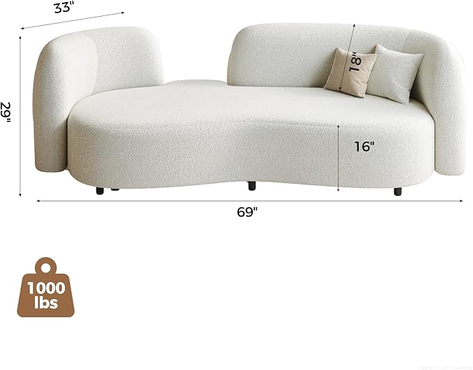 Sherpa Curved Loveseat Sofa Modern Upholstered Couch with Solid Wood Frame Thick Foam Cushion Compact Comfy Sofa for Apartment Living Room or Office – Ivory White