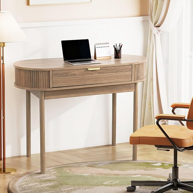 Oval Wood Desk with Drawer39.37 Inch Small Study Work Writing Desk Computer Gaming TableStudent PC Storage MDF Desk for Home Office Bedroom Living Room(Brown)