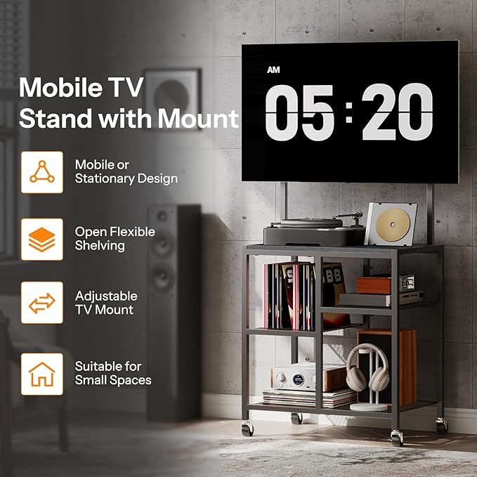HOOBRO Small TV Stand with Wheels and Mount for 50 Inch TVs Mobile Rolling TV Stand with Storage Shelves Small Entertainment Center for Living Room Bedroom Study Black BB37DS01