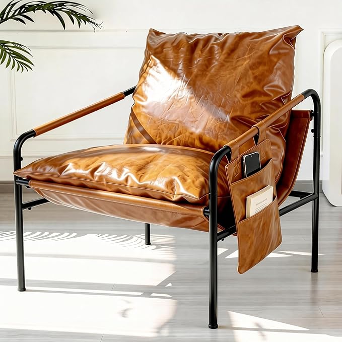 Modern Faux leather Armchair Comfy Accent Chair with Sturdy Metal Frame Wood Armrest And bag Living Room chairs Soft Cushion Lounge couch sofa Chair Oversized Reading chair for Bedroom Patio Porch