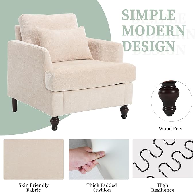 Modern Accent Chair Living Room Upholstered Chenille Armchair with Waist Pillow Single Sofa for Living Room Bedroom Office Beige