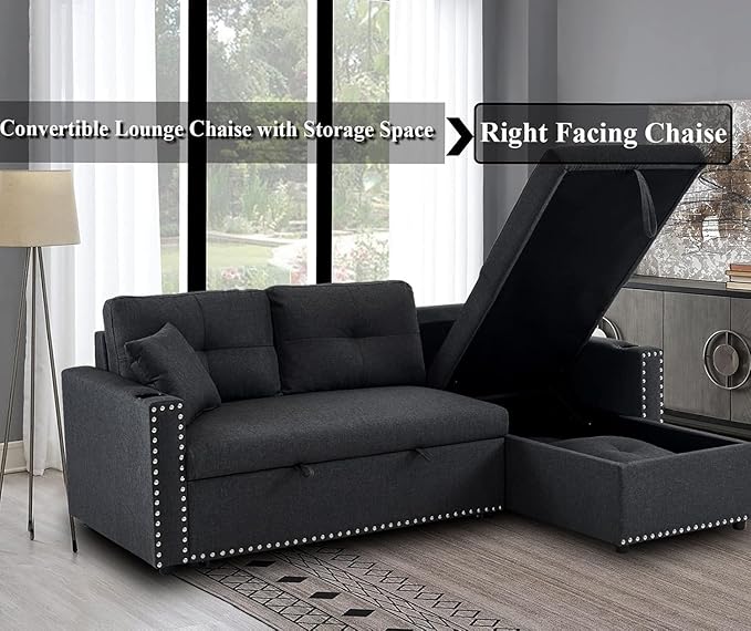 asunflower Small Sleeper Sofa with Pull Out Couch 83 Convertible Sofa Bed with Storage L-Shaped Sectional Sleeper with Cup Holders 3-Seater Couch Bed for Small Spaces Bedroom Offices Dark Grey