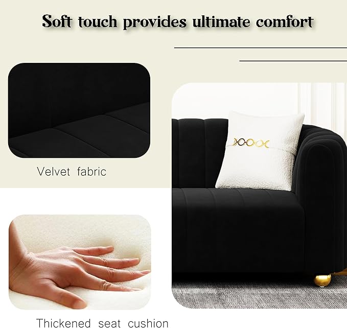 83 Black Velvet Couch Modern Sofas for Living Room Velvet Sofa 3 Seater Solid Wood Frame with Gold Metal Legs and Two Pillows Comfy Black Gold Sofa