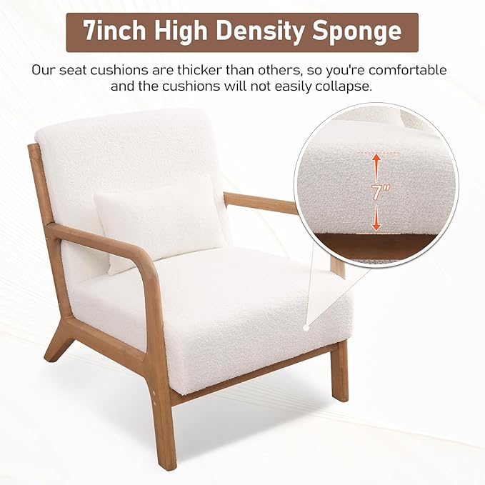 ANJ Mid Century Modern Accent Chair Set of 2 Single Boucle Lounge Reading Armchair with Solid Wood Frame Easy Assembly Arm Chairs for Living Room White
