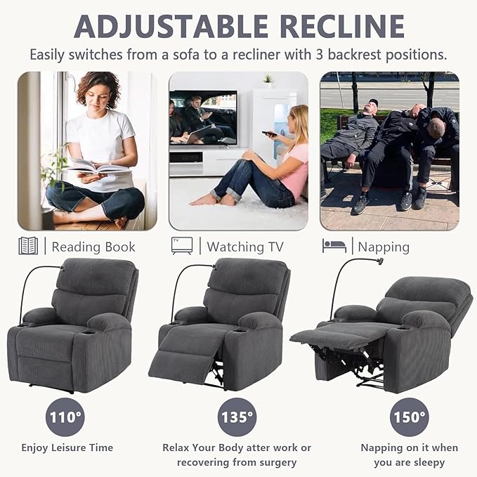 Manual Recliner ChairModern Corduroy Reclining Chairs with Phone Stand &amp Cup HoldersOverstuffed Single Sofa Recliner for AdultsLiving Room Bedroom Home Theater (Dark Grey)
