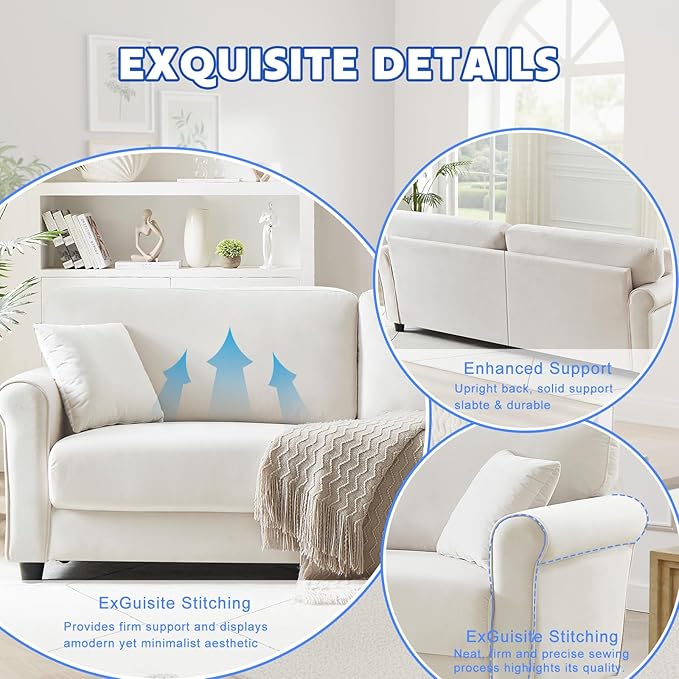 82.48 Velvet Upholstered Sofa Couch3 Seater Couch Loveseat Sofa Furniture Comfy Couches for Living Room Bedroom Small Space(Beige White)