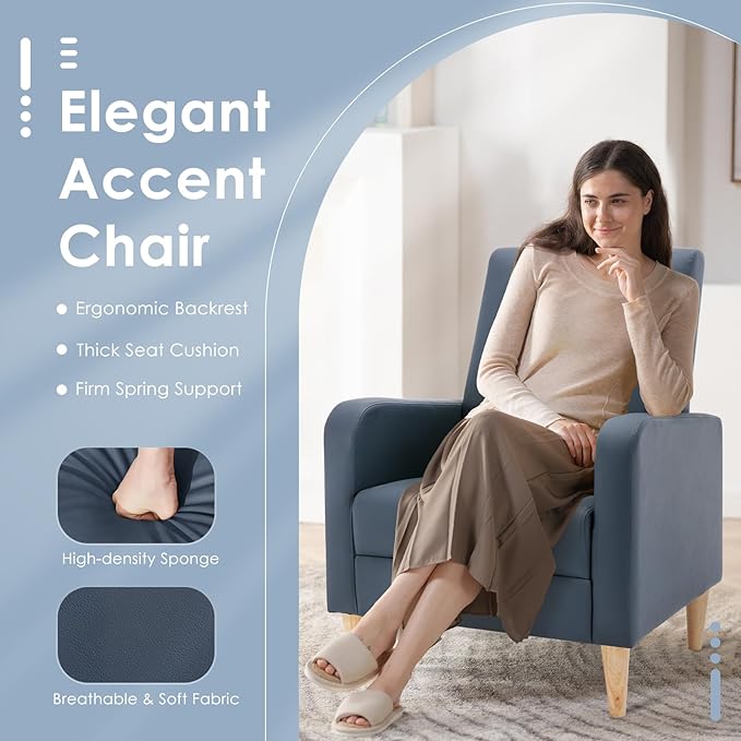 COLAMY Mid-Century Modern Upholstered Accent Chair with Back Pillow &amp Solid Wood Legs Leather Cozy Armchair for Living Room Bedroom Reading Nook Apartment &amp Small Spaces Blue