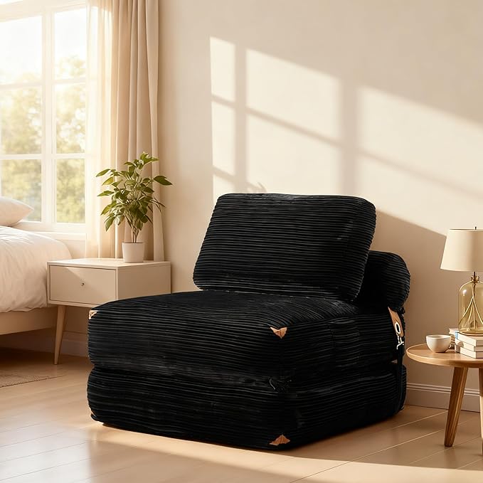 75''Foldable Sofa BedBlack Convertible Folding Sleeper Chair BedFoldable Single Sofa Foam Filling Couch with Pillow Comfy Corduroy Lazy Floor Sofa for Small Room Living Room Bedroom Apartment