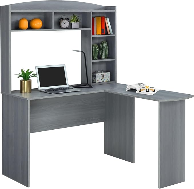 Techni Mobili Modern Hutch L-Shaped Computer Desk Grey