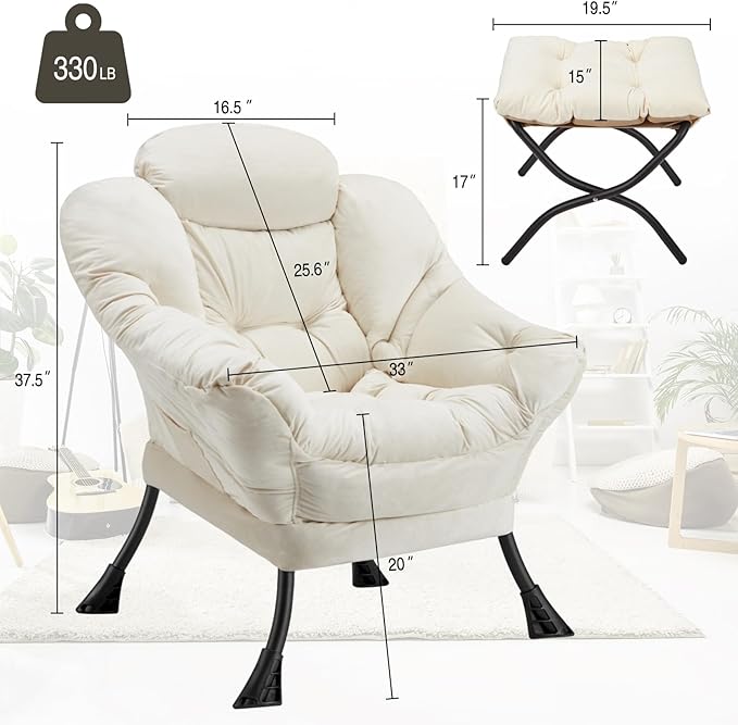 Lazy Chair with Folding Ottoman Modern Large Accent ChairContemporary Lounge Leisure Sofa Chair with Armrests Upholstered Sofa Armchair Reading Chair for BedroomDorm &amp Office (Beige-f)