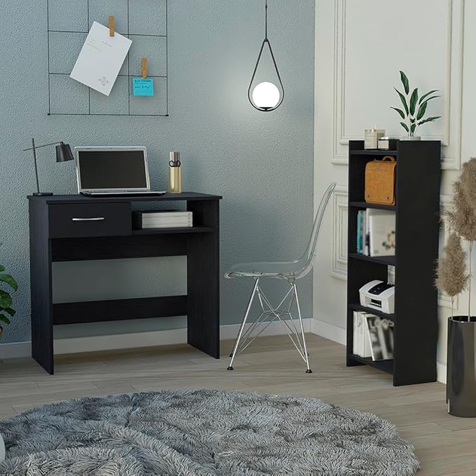 Kaimei Home Office Desk with Keyboard Tray and Drawer - Spacious Work Surface - Modern Black Wengé Finish