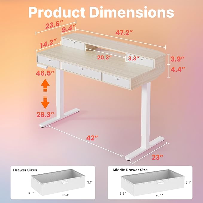 HUANUO 48 x 24 inch Electric Standing Desk with 5 Drawers Adjustable Height Sit Stand Home Office Desk C-Clamp Mount Compatible Ergonomic Stand up Desk with 4 Preset Heights Natural
