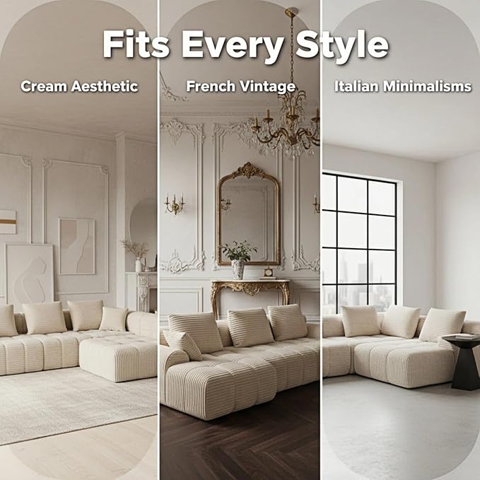Corduroy L-Shaped Compressed Boneless Sectional Sofa with Ottoman - Retro Soft Upholstered Modular Couch for Living Room &amp Small Apartment Cloud-Like Contouring Seating (Beige)