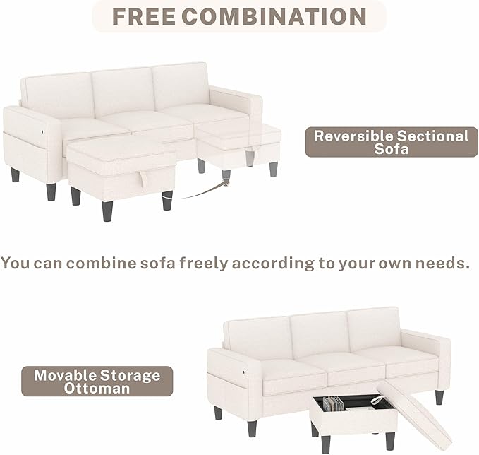 ZeeFu Sectional and Sofa Couches for Living Room - 78'' 3 Seater L-Shaped Modular Couch with Storage Ottoman - Modern Linen Fabric Upholstered Sofa Set for Small Space Apartment Office