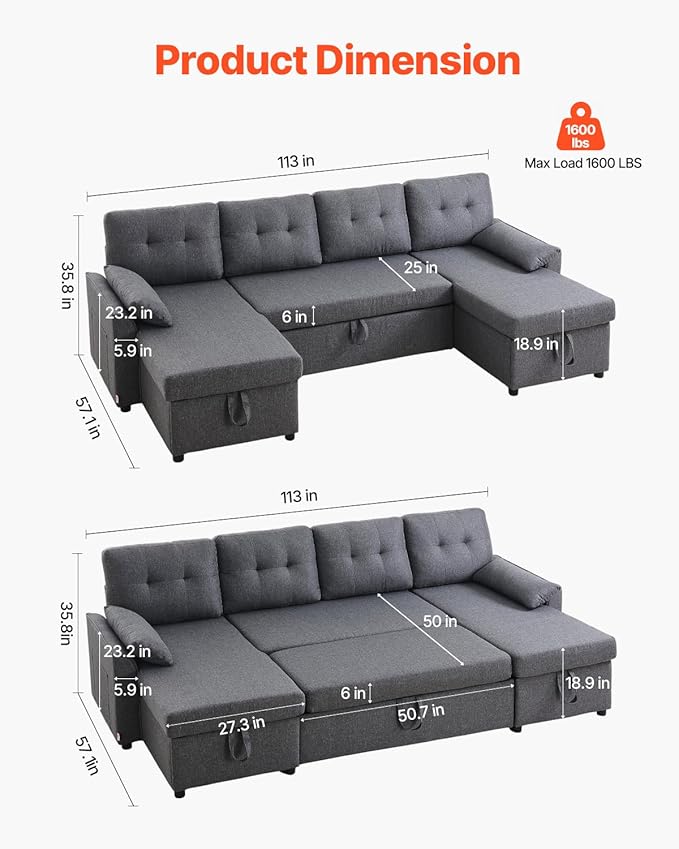 VEVOR U Shaped Sofa Bed Convertible Sofa Bed with 2 Side Pockets 2 Pillows and Double Chaise 6-Seat Pull Out Sleeper Couch with Large Storage Capacity for Living Room Apartment Metal Frame Gray