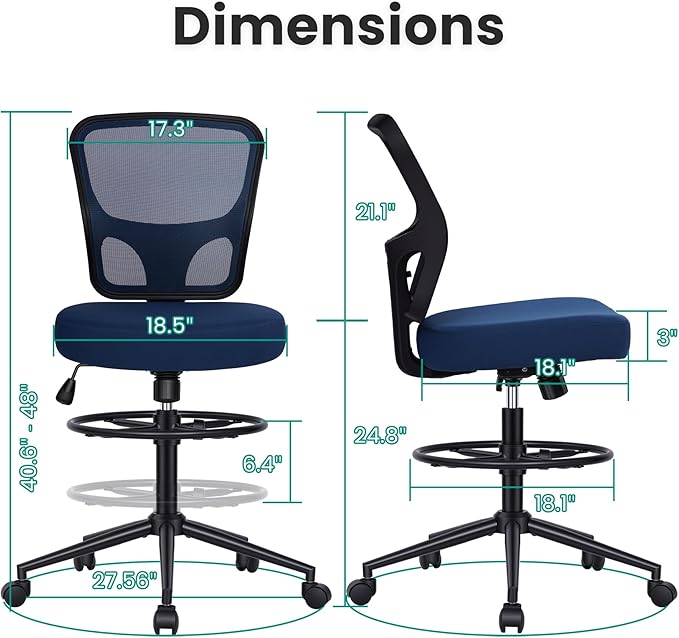 Armless Drafting Chair Tall Office Chair for Standing Desk - Adjustable Height Mesh Ergonomic Drafting Stool with Foot Ring &amp Wheels Rolling Counter Height Computer Chair for Home Office